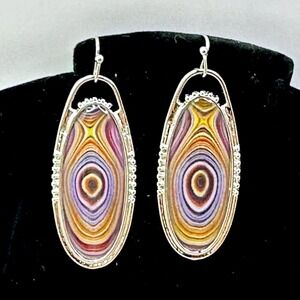 Oval Dangle‎ Earrings Agate Stone Style Silver Tone Boho Chic Fashion